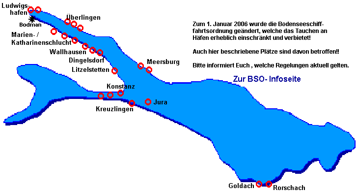 Bodenseekarte mit eingezeichneten Tauchplätzen - Bitte auf die Tauchplätze klicken!